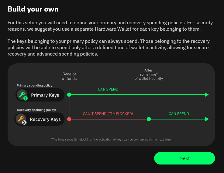 "Build your own" instrukjoner fra Liana wallet. viser hvordan 1 nøkkel kan signere transaksjoner når som helst fra nå og fremover. Og en annen som blir gyldig først etter en satt tidsfrist.